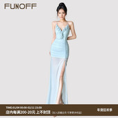 FUNOFF 度假风蓝色荷叶边低胸开叉吊带连衣裙性感露背包臀长裙女