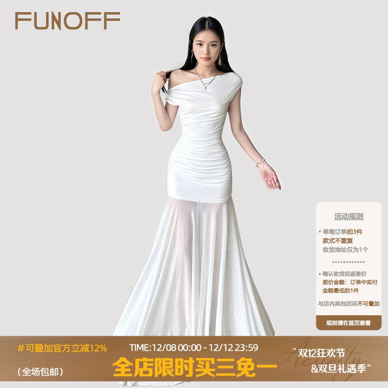 海滩度假风白色斜肩网纱连衣长裙