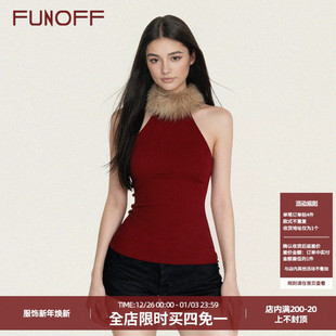 背心圣诞简约修身 复古红色毛领拼接无袖 收腰针织上衣 美式 FUNOFF