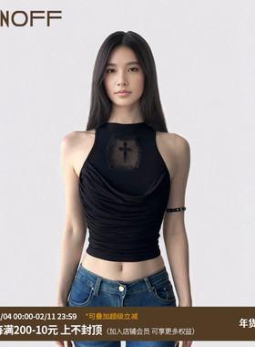 FUNOFF 美式街头黑色荡领十字架无袖背心复古亚文化露脐收腰上衣