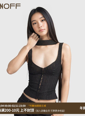 FUNOFF 简约黑色方领围脖收腰吊带背心性感分割胸型勾扣修身上衣