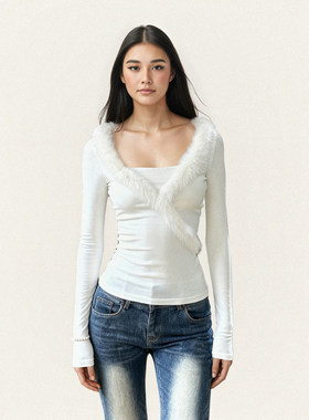 FUNOFF 复古白色毛领拼接V领长袖打底衫简约修身收腰T恤内搭上衣