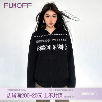 FUNOFF 费尔岛巴恩风黑色拉链连帽毛衣外套2024冬圣诞针织上衣女