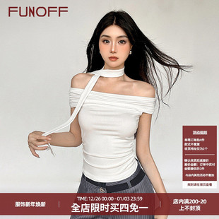 露锁骨性感针织上衣 T恤女打结两穿修身 FUNOFF 简约一字肩白色短袖