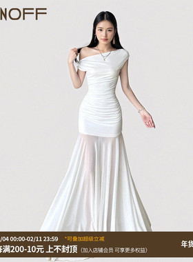 FUNOFF 海滩度假风白色斜肩网纱连衣裙性感露肩绿色收腰拖地长裙