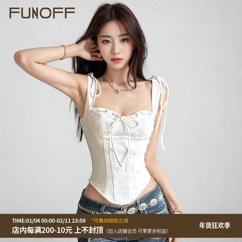 FUNOFF 简约白色绑带分割束腰吊带背心性感低胸分割收腰显瘦上衣