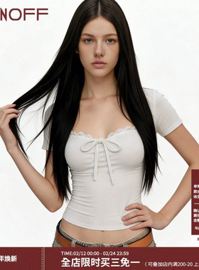 FUNOFF 法式复古蕾丝花边蝴蝶结方领短袖T恤小众百搭露脐收腰上衣