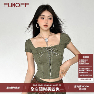 上衣女 t恤方领蕾丝拼接修身 FUNOFF 绿野仙踪vintage复古绑带短袖