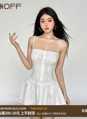 FUNOFF 法式初恋白色蝴蝶结收腰吊带连衣裙芭蕾风少女修身超短裙
