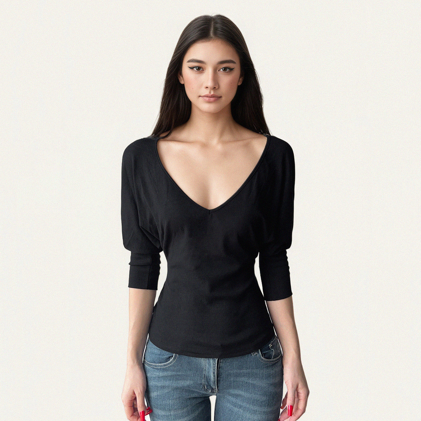 美式简约V领黑色蝙蝠袖收腰针织T