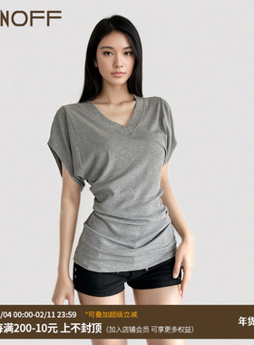 FUNOFF 美式复古灰色V领收腰蝙蝠短袖T恤简约慵懒感白色显瘦上衣