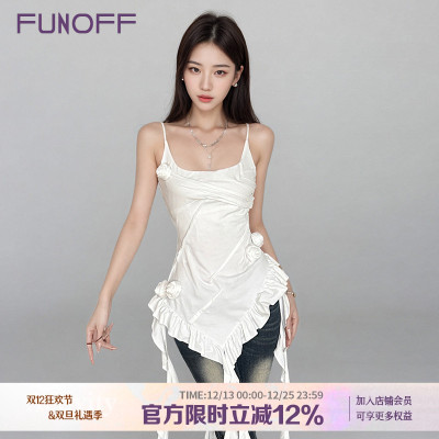 法式度假白色荷叶边飘带吊带背心