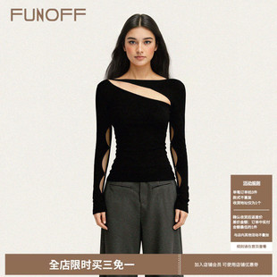 圆领长袖 街头黑色镂空修身 T恤街舞爵士解构收腰上衣女 美式 FUNOFF