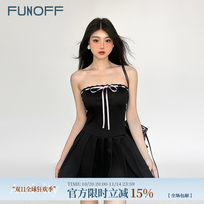 法式蝴蝶结绑带黑色抹胸连衣裙女