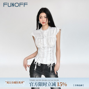 修身 FUNOFF 法式 复古宫廷风花边白色绑带束腰衬衫 上衣女 南法庄园
