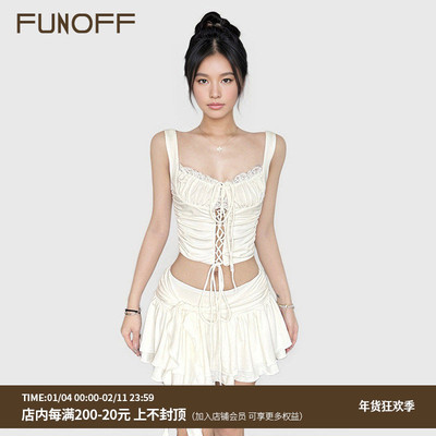 法式bm白色蕾丝拼接收腰背心套装