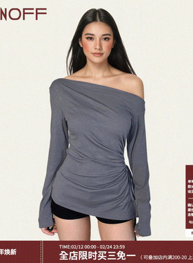 FUNOFF 美式复古灰色抽绳斜肩长袖T恤2025秋收腰一字肩露锁骨上衣