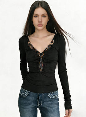 FUNOFF美式复古黑色豹纹亮片V领低胸长袖打底衫性感修身收腰T上衣