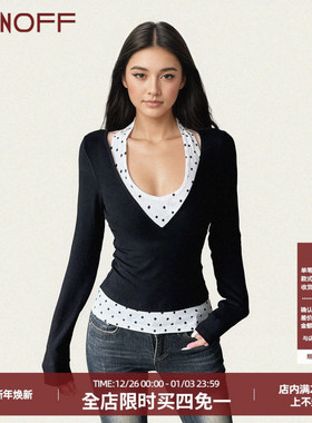 FUNOFF 美式复古黑白波点挂脖背心黑色深V低胸收腰上衣两件套装秋