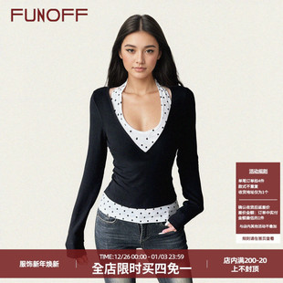 秋 复古黑白波点挂脖背心黑色深V低胸收腰上衣两件套装 FUNOFF 美式