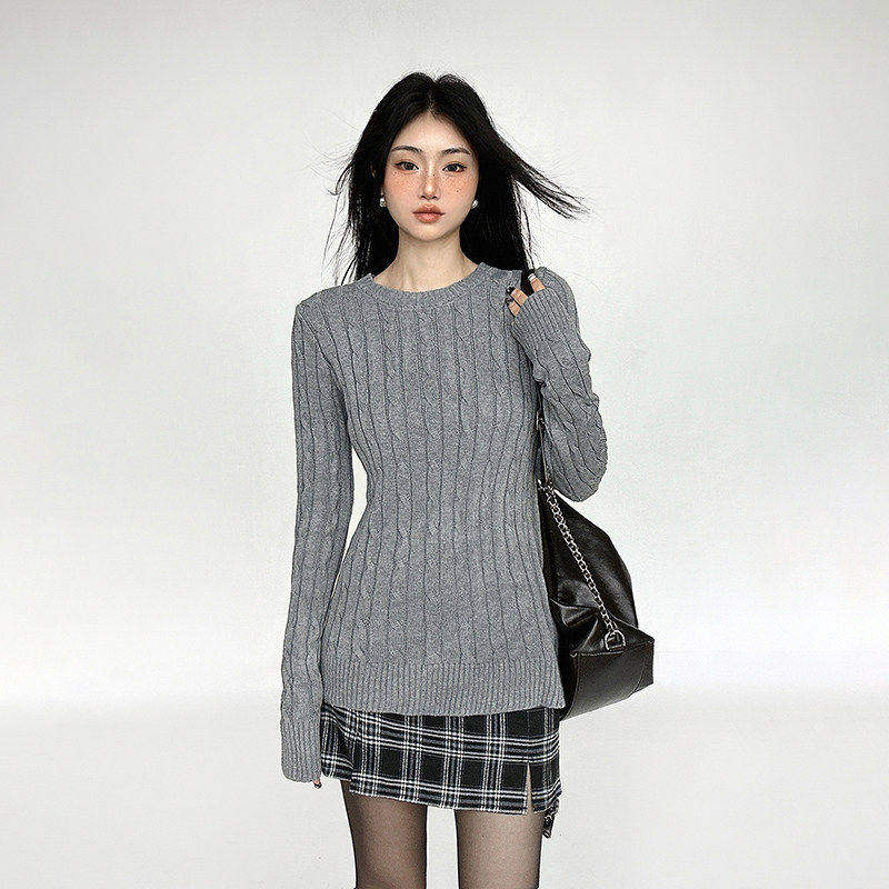 FUNOFF 格雷miu系穿搭学院风灰色麻花正肩针织上衣2026春毛衣女