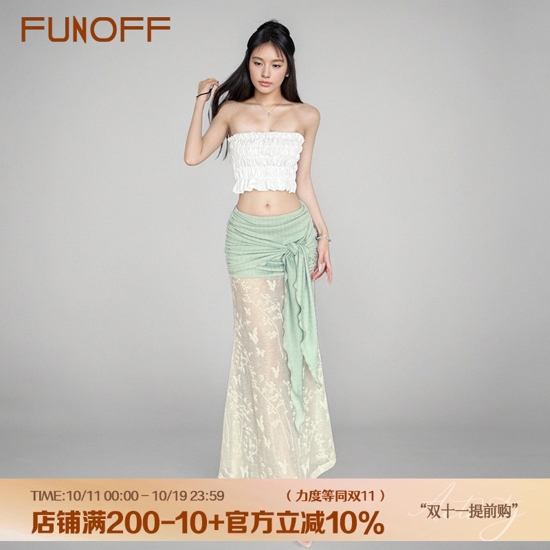 FUNOFF 新中式绿色蕾丝绑带透视半身裙复古性感褶皱低腰鱼尾长裙