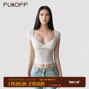 V领露脐上衣夏 FUNOFF 法式 复古白色蕾丝低胸短袖 T恤性感收腰修身