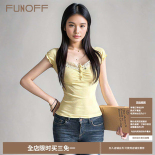 FUNOFF T恤辣妹百搭显瘦收腰上衣女 简约黄色蕾丝排扣包肩方领短袖