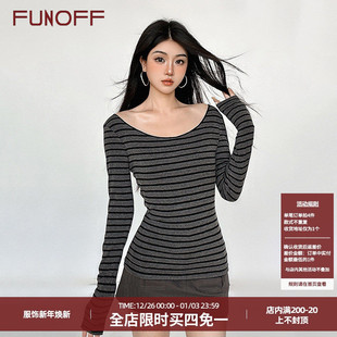 秋修身 罩衫 圆领T恤上衣女 复古灰色miu系条纹斜肩轻薄长袖 FUNOFF