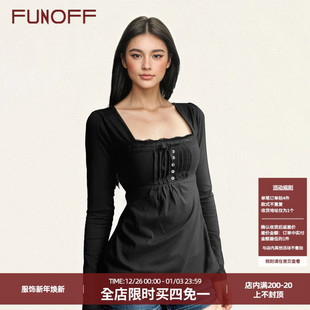 T恤2025秋冬少女感打底上衣 复古黑色拼接蕾丝方领长袖 FUNOFF 法式
