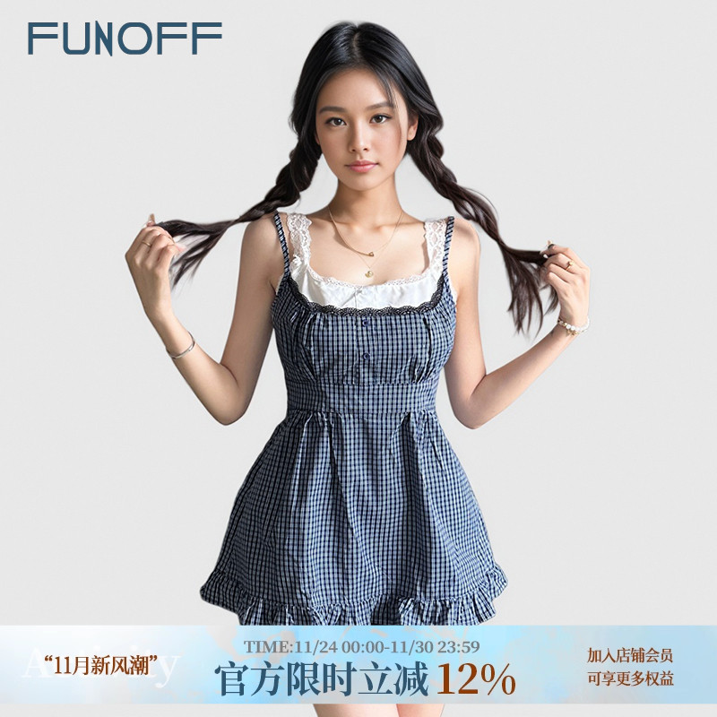 法式bm少女感格纹假两件吊带背心