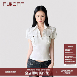 收腰低胸V领短袖 口袋POLO领衬衫 T恤上衣夏 复古白色工装 FUNOFF美式