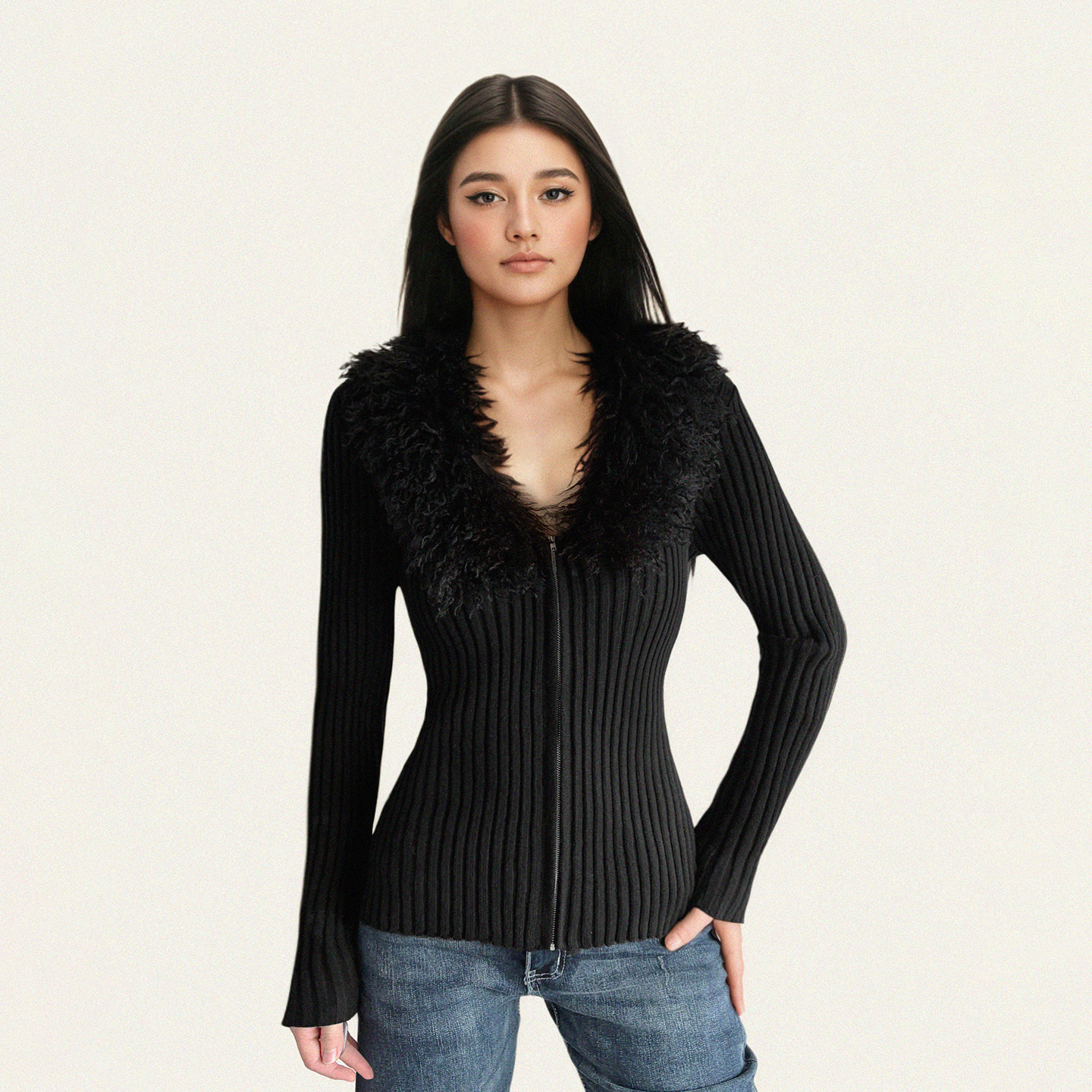 复古黑色可拆卸毛领拉链毛织外套