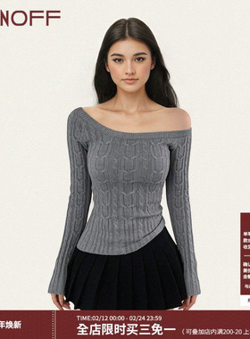 FUNOFF 美式复古灰色修身圆领毛织长袖2025秋冬红色基础收腰上衣