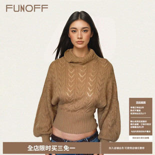 罩衫 FUNOFF 毛织上衣秋冬收腰长袖 复古卡其色中高领蝙蝠袖 女 美式