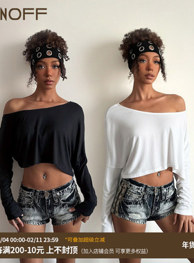FUNOFF 美式简约黑色圆领斜肩露脐长袖T恤街舞爵士宽松百搭上衣女