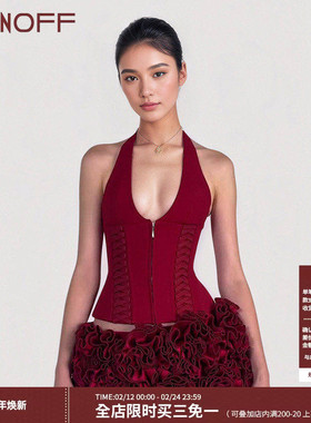 FUNOFF 美式街头红色绑带挂脖收腰吊带背心辣妹性感露背低胸上衣