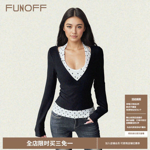 秋 复古黑白波点挂脖背心黑色深V低胸收腰上衣两件套装 FUNOFF 美式