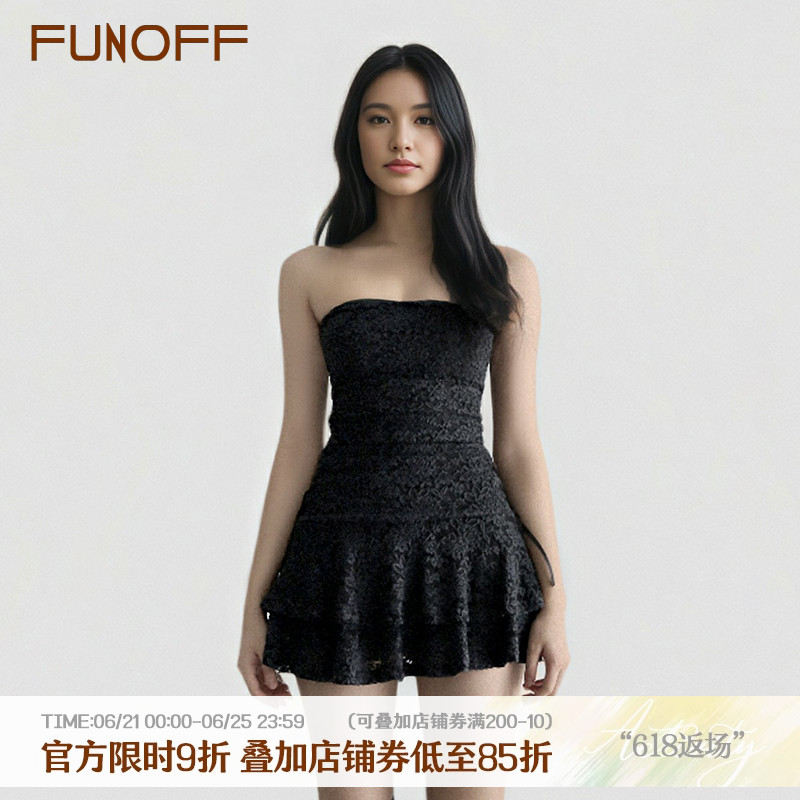 FUNOFF 复古黑色蕾丝拼接收腰抹胸连衣裙性感露锁骨A字蛋糕短裙夏