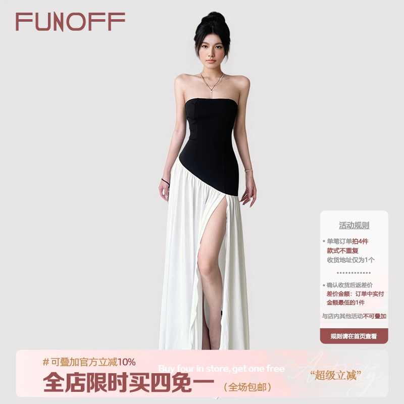 气质黑白撞色斜边开叉抹胸连衣裙