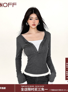 FUNOFF 美式复古灰色纽扣撞色假两件长袖T恤秋简约紫色收腰上衣女