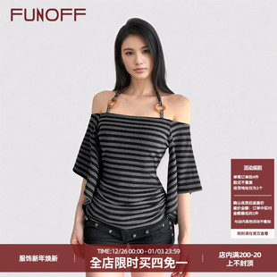 T恤简约露肩绑带收腰上衣 复古条纹一字肩挂脖蝙蝠短袖 FUNOFF 美式