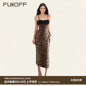 FUNOFF 复古豹纹蕾丝拼接亮片吊带包臀裙性感修身 收腰一步中长裙