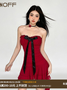 FUNOFF 性感复古红色蝴蝶结抹胸网纱蛋糕连衣裙飘带收腰party短裙