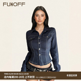 FUNOFF 美式复古蓝色仿牛仔POLO领长袖衬衫简约假口袋收腰短上衣