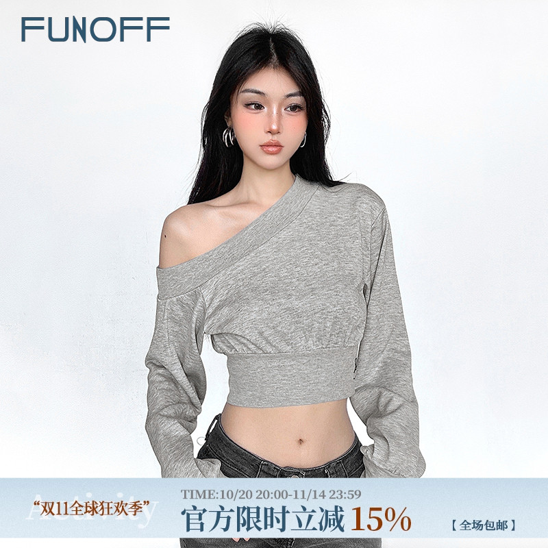 美式复古灰色斜肩收腰长袖卫衣女