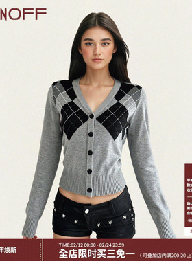 FUNOFF美式复古学院风灰色菱格纽扣毛织长袖开衫秋冬简约收腰上衣