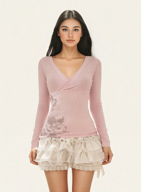 FUNOFF  美式复古植物花卉印花V领长袖T恤简约性感低胸收腰上衣女