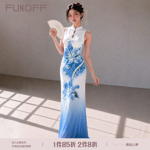 复古中式蓝色花卉渐变旗袍连衣裙
