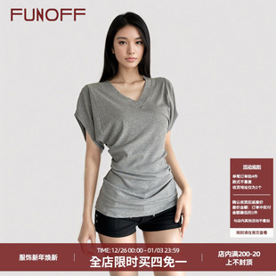 T恤简约慵懒感白色显瘦上衣 复古灰色V领收腰蝙蝠短袖 FUNOFF 美式